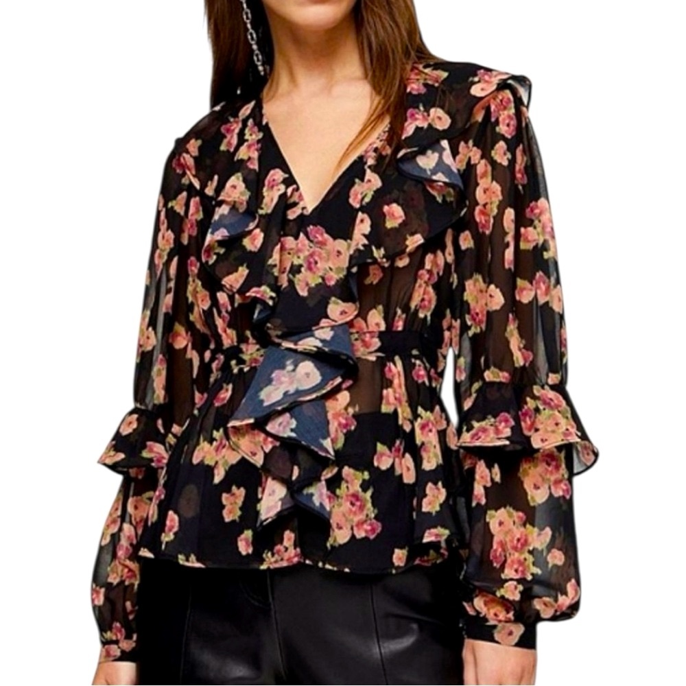 💟 2/$20 TopShop Black & Pink Floral Ruffle Blouse Size 12